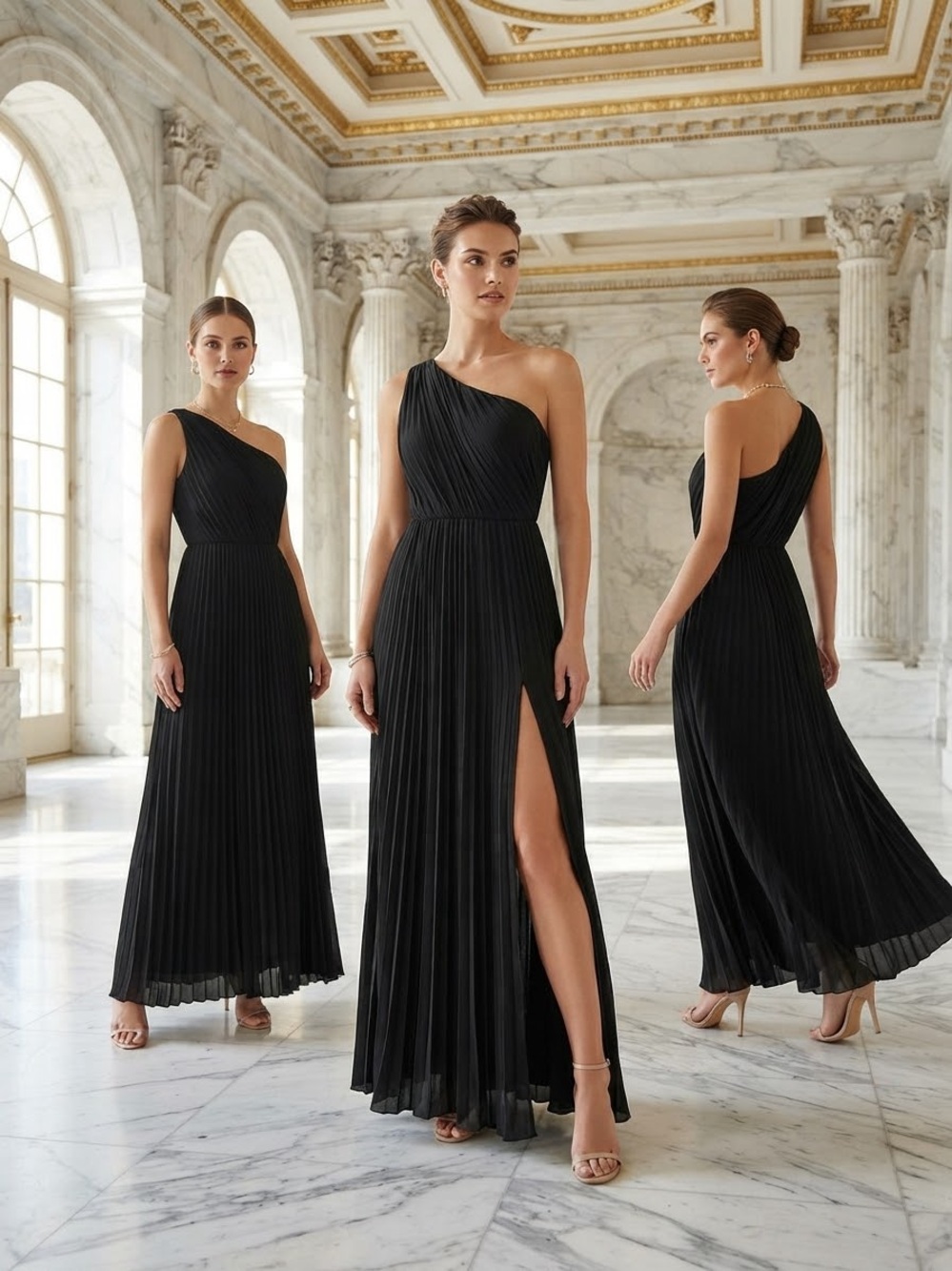 Akira Black Label One-Shoulder Black Pleated Evening Dress with High Slit